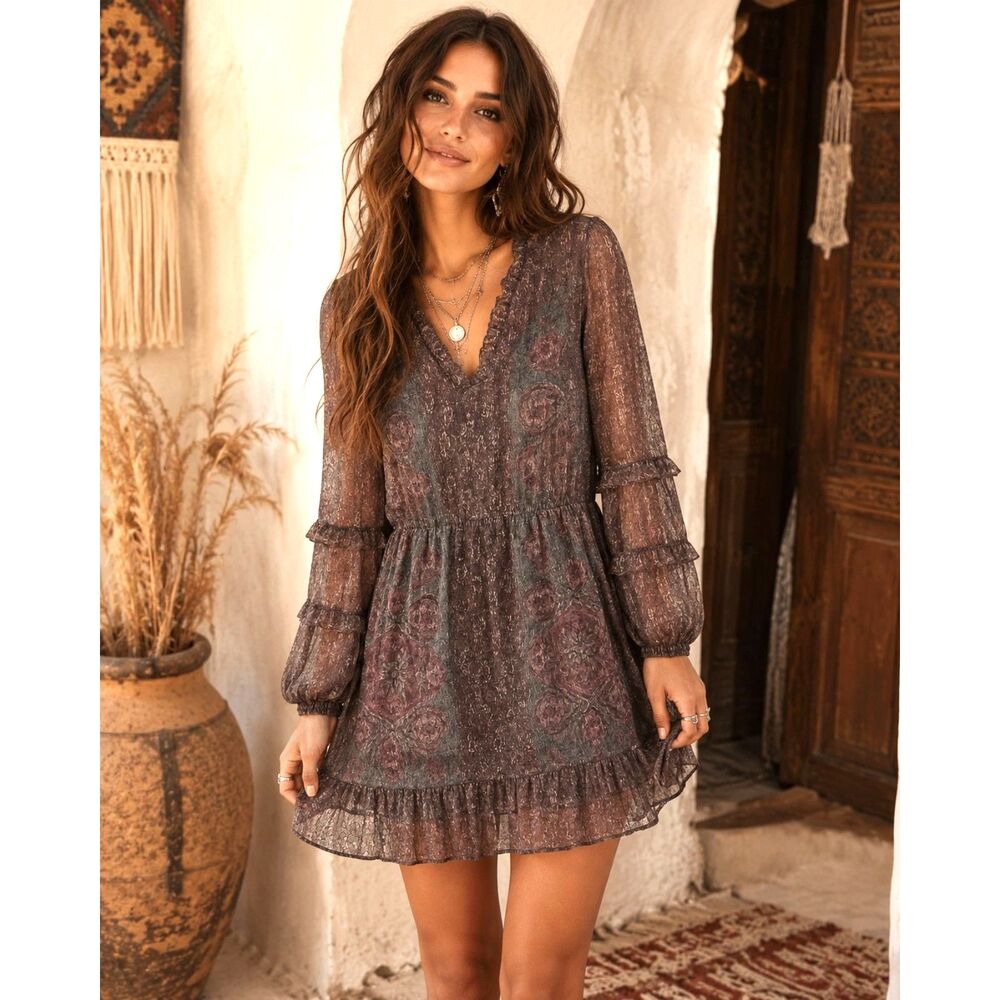 Frye & CO Floral Smocked Long Sleeve Ruffle Dress - Size M - NWT